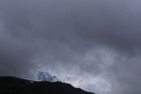 Mountain landscape in the Picos de Europa national park, Spain, Asturias. Snow on the mountain peaks.の写真素材