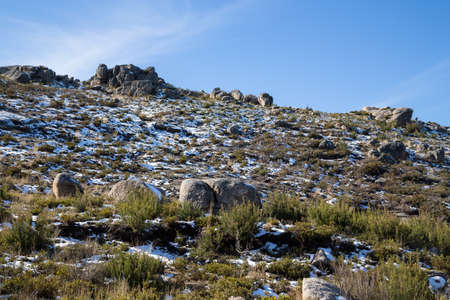 Winter landscape with snow in mountains of Serra do Xures natural park, Galicia, Spainの写真素材