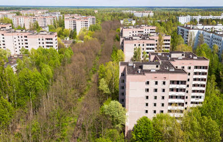 Aerial view on residential area of abandoned Pripyat city in Chernobyl Exclusion Zone, Ukraineの写真素材