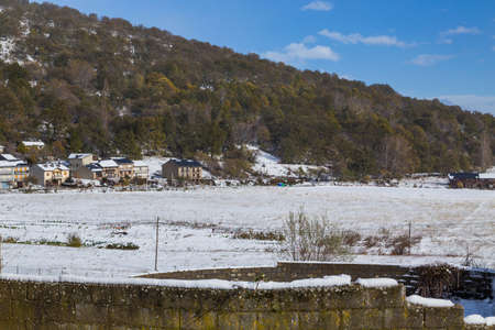 small village outside Puebla de Sanabria covered with snow, Sanabria, Castilla y Leon, Spainの写真素材