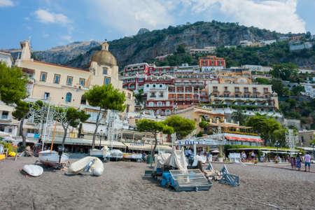 POSITANO, ITALY: people at beach in Positano, Amalfi Coast, Italy.のeditorial素材