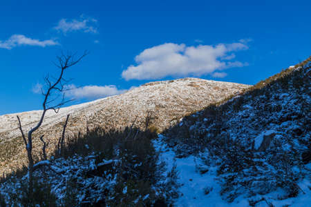 Winter landscape with snow in mountains of Serra do Geres natural park, Portugalの写真素材