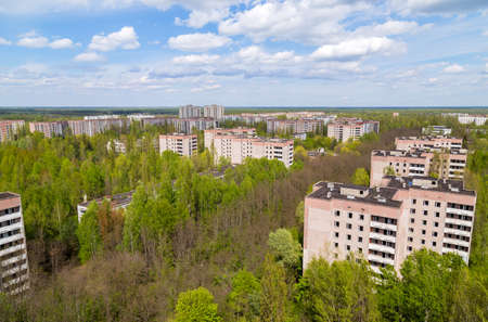 Aerial view on residential area of abandoned Pripyat city in Chernobyl Exclusion Zone, Ukraineの写真素材