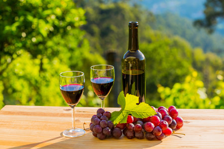 wine bottle and grapes on wooden table, outdoorの写真素材