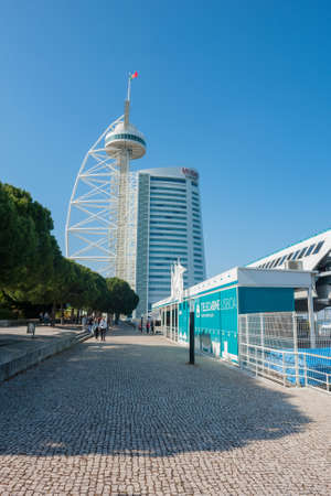 Lisbon Portugal. Vasco da Gama Tower and building of Myriad Hotel in Park of the Nations of Lisbon city.のeditorial素材