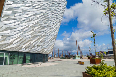 Detail of the facade of Titanic Belfast, museum, touristic attraction and monument to Belfast's maritime heritageのeditorial素材