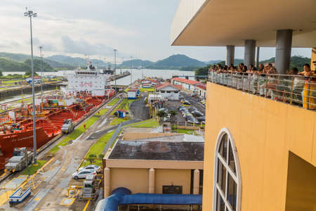 MIRAFLORES, PANAMA: BIG ship is passing through Miraflores Locks, part of Panama Canal.のeditorial素材