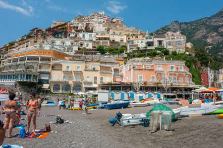 POSITANO, ITALY: people at beach in Positano, Amalfi Coast, Italy.のeditorial素材