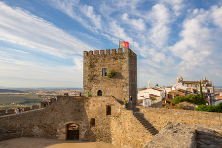 MONSARAZ, PORTUGAL: People visiting the medieval castle and village of Monsaraz. A tourist attraction in the Alentejo, Portugal. From the walls of his castleのeditorial素材