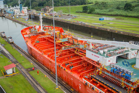 MIRAFLORES, PANAMA: BIG ship is passing through Miraflores Locks, part of Panama Canal.のeditorial素材