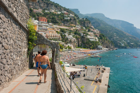 POSITANO, ITALY: people at beach in Positano, Amalfi Coast, Italy.のeditorial素材