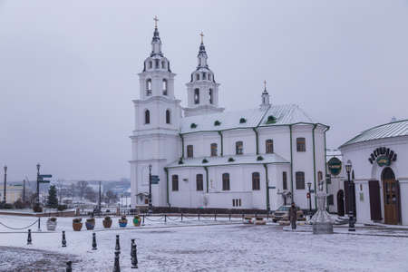Minsk, Belarus: NemigaTrinity Suburb. The cathedral of Holy Spirit in the snow.のeditorial素材