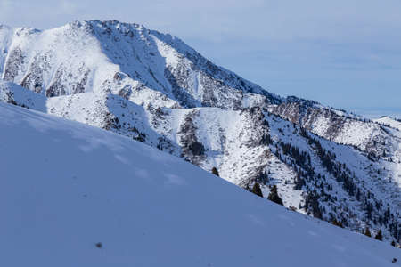 Winter Snowy Mountains valley with sun in Ak Bulak, Almaty, Kazakhstan, Asiaの写真素材