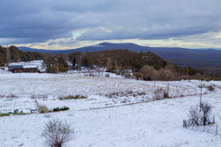 small village outside Puebla de Sanabria covered with snow, Sanabria, Castilla y Leon, Spainの写真素材
