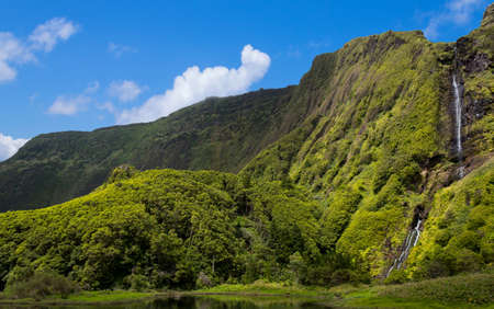 Azores landscape with waterfalls and cliffs in Flores island. Portugal.の写真素材