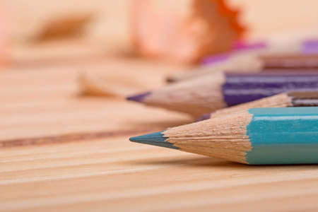 Wooden colorful pencils, on wooden tableの写真素材