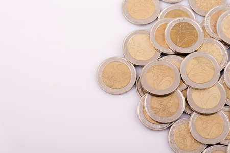 Close up top view image of large amount of Euro money coins.の写真素材