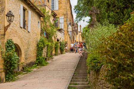 Sarlat-la-Caneda, France: People enjoying the view of the centre of the old medieval town of Sarlat-la-Caneda, Dordogne, France.のeditorial素材