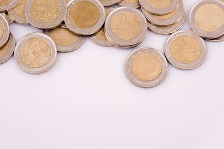 Close up top view image of large amount of Euro money coins.の写真素材