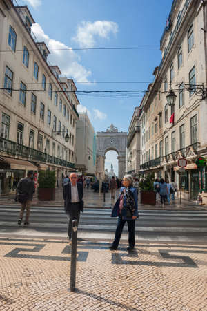 Lisbon, Portugal: People walking at Rua Augusta, a pedestrian street in downtown of Lisbon.のeditorial素材