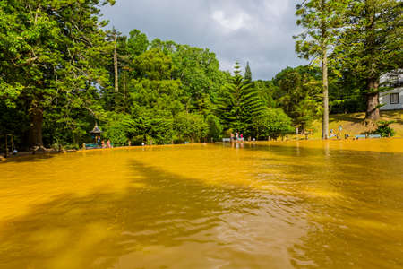 Furnas, Azores, Portugal: People swimming in a mineral thermal pool in the Terra Nostra botanical garden at Furnas, Sao Miguel island, Azores.のeditorial素材