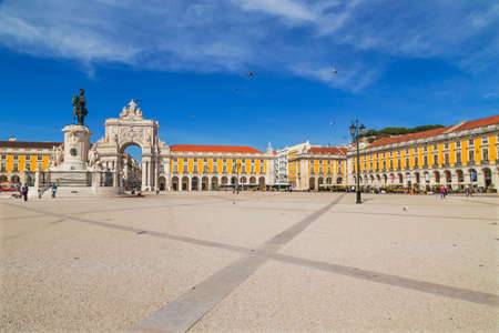 Lisbon, Portugal: Praca do Comercio or Commerce square, people and houses view in downtown of Lisbon, Portugal.のeditorial素材