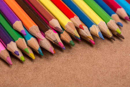 Wooden colorful pencils, on wooden tableの写真素材