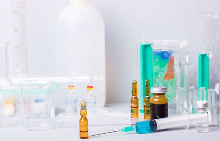 Research lab assorted glassware equipment detailの写真素材