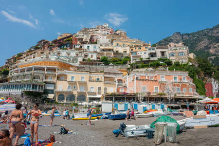 POSITANO, ITALY: people at beach in Positano, Amalfi Coast, Italy.のeditorial素材