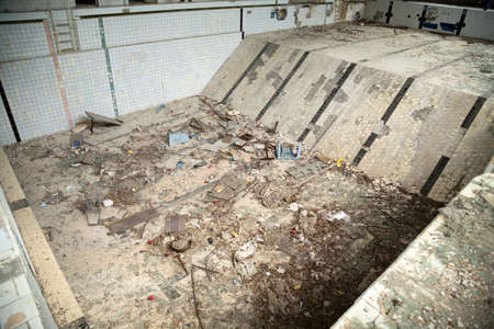 Chernobyl zone. Swimming pool in the city of Pripyat in Ukraine. Exclusion Zone.の写真素材