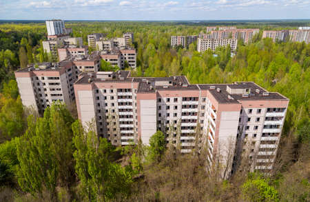 Aerial view on residential area of abandoned Pripyat city in Chernobyl Exclusion Zone, Ukraineの写真素材