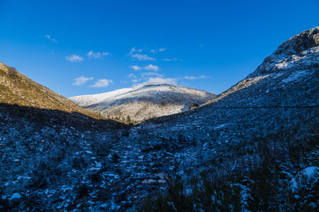 Winter landscape with snow in mountains of Serra do Geres natural park, Portugalの写真素材