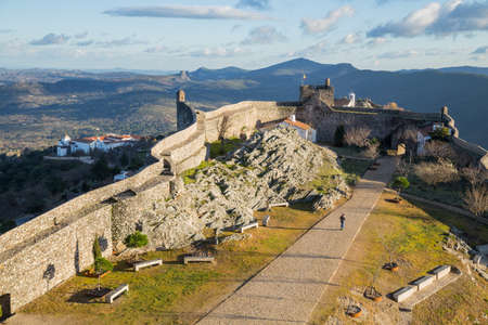 Marvao, Portugal. Pathway in the central courtyard encircled by thick stone wall at the Marvao Castle. An amazing medieval fortified village perched on a crag in eastern Portugal.のeditorial素材