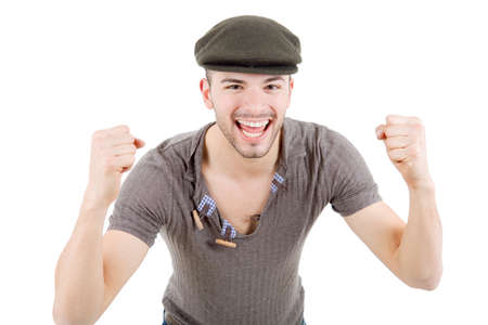 happy young man winning, isolated on whiteの写真素材