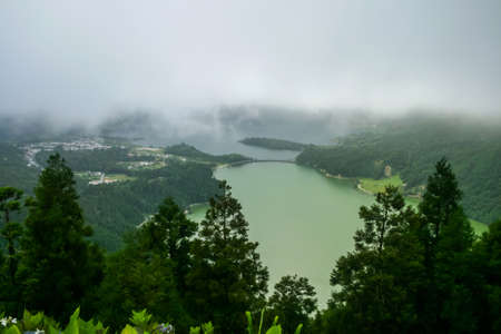 Picturesque view of the Lake of Sete Cidades, a volcanic crater lake on Sao Miguel island, Azores, Portugalの写真素材