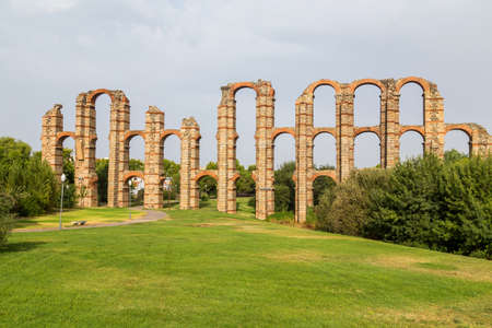 The Acueducto de los Milagros, Miraculous Aqueduct in Merida, Extremadura, Spain is a ruined Roman aqueduct bridge, aqueduct built to supply water to the Roman colony of Emerita Augusta, Merida, Spain.の写真素材