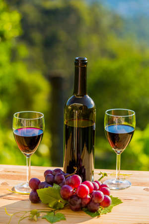 wine bottle and grapes on wooden table, outdoorの写真素材