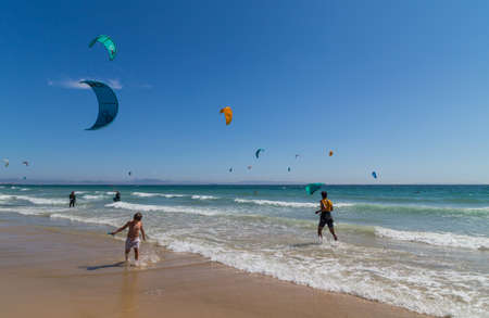 Tarifa, Spain: Kite surfing in Tarifa, Spain. Tarifa is most popular places in Spain for kitesurfingのeditorial素材