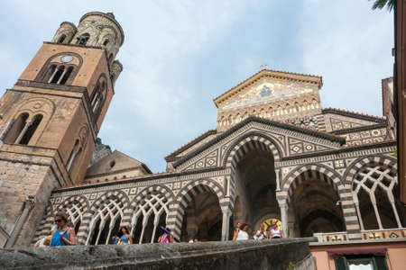 AMALFI, ITALY: Amalfi Cathedral with tourists in the summer, Amalfi Coast, Italyのeditorial素材