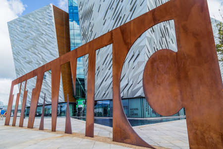 Detail of the facade of Titanic Belfast, museum, touristic attraction and monument to Belfast's maritime heritageのeditorial素材