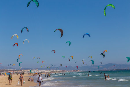 Tarifa, Spain: Kite surfing in Tarifa, Spain. Tarifa is most popular places in Spain for kitesurfingのeditorial素材