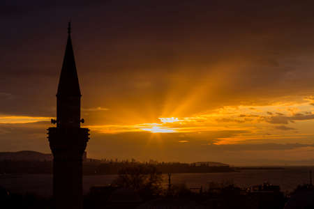 Sultanahmet mosque, Blue mosque minaret detail at sunset, Istanbul.の写真素材