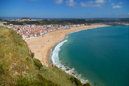 Nazare town and beach from Sitio, Portugalの写真素材