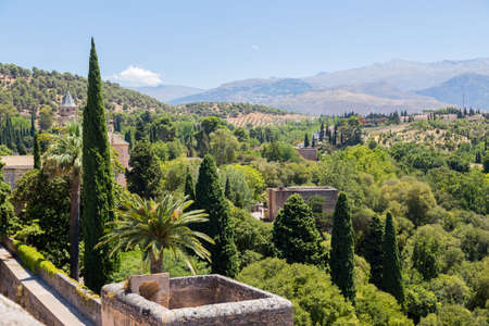 Granada, Spain: General view of The Generalife courtyard, with its famous fountain and garden. Alhambra de Granada complexの写真素材