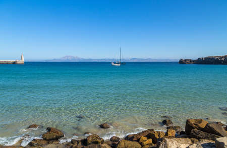 Punta del Santo, Tarifa town port. In the horizon Morocco, Africa, and Atlantic Ocean, Spainの写真素材