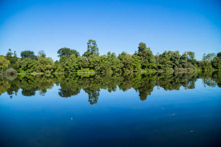 Minho river the natural border between Portugal and Spain in Tui a border town with Portugal in the region of Galicia, Spain.の写真素材