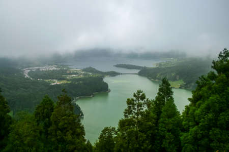 Picturesque view of the Lake of Sete Cidades, a volcanic crater lake on Sao Miguel island, Azores, Portugalの写真素材