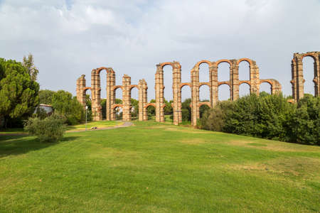 The Acueducto de los Milagros, Miraculous Aqueduct in Merida, Extremadura, Spain is a ruined Roman aqueduct bridge, aqueduct built to supply water to the Roman colony of Emerita Augusta, Merida, Spain.の写真素材