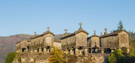 Old traditional horreo espigueiro granary food storehouse in Soajo, Arcos de Valdevez, Viana do Castelo, Portugal, Europeの写真素材