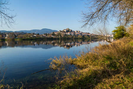 View of the River Minho from the International Bridge of Tui, Valenca do Minho, Portugalの写真素材